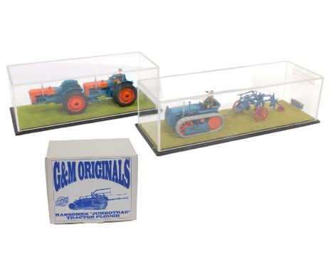 White metal and resin tractors and implements, 1:18 scale,  including a County Ploughman and a plough, and a Doe Triple D dua