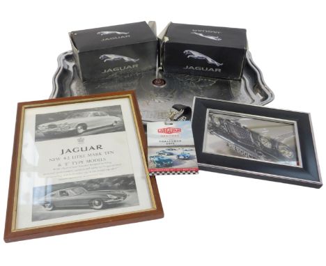 A group of Jaguar related items, to include framed photograph, diecast vehicles, metal tray, with Jaguar enamelled insignia t