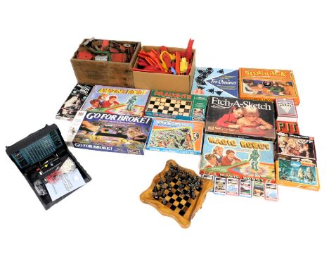 Games and toys, including Meccano, Computer Battleship, Top Trumps, Amazing Robot, Magic Robot, and Go For Broke! (a quantity