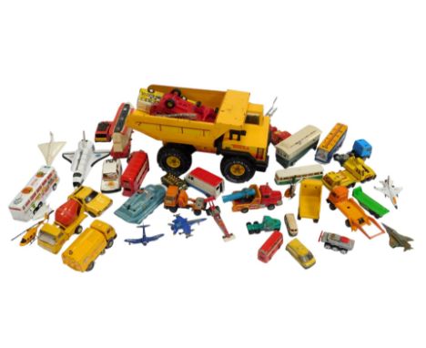 Playworn diecast, including a Captain Scarlet Spectrum Patrol vehicle, a Tonka dumper truck, Matchbox Superkings Bedford TM s