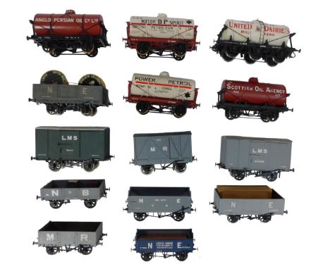 Kit built O gauge rolling stock, including United Dairies milk tank, Power Petrol, Scottish Oil Agency tanker, BP Motor Spiri