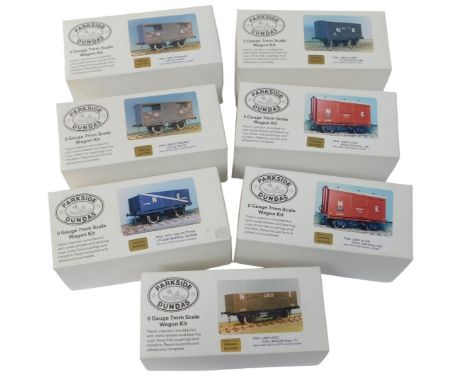 Parkside Dundas O gauge model wagon kits, including PS02 LNER (ex NBR) eight tonne goods van, PS05 LNER standard cattle truck