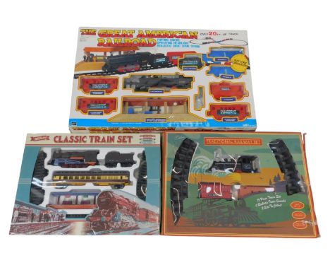 A traditional railway set, including locomotive, box car and caboose, a Supe Retro Toys classic train set, and a Great Americ