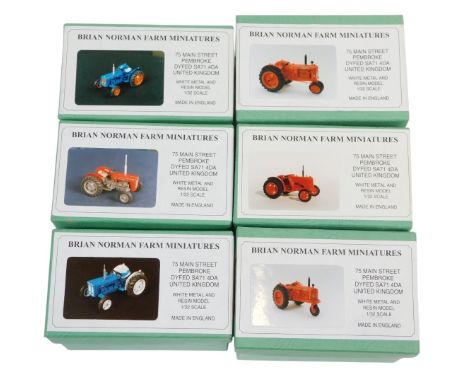Brian Norman farm miniatures, white metal and resin models, 1:32 scale, comprising a Fordson Super Dexter blue and grey, a Nu