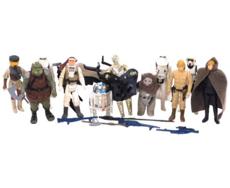A group of vintage Kenner Star Wars figures, including Imperial Stormtroopers, Biker Scout Trooper, Princess Leia Boushh, Luk