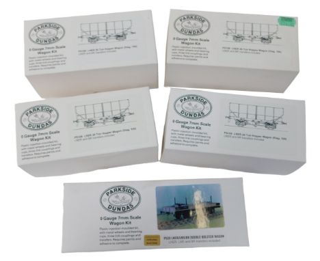 Parkside Dundas O gauge wagon kits, including PS108 LNER twenty tonne hopper wagon (x4), and PS20 LNER/LMS/BR double bolster 