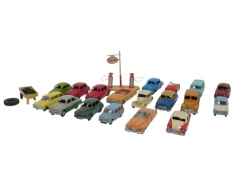 Dinky Toys diecast vehicles, including Ford Sedan, Rover 75, Triumph Herald, Cadillac Eldorado, Hudson Sedan, ESSO petrol pum