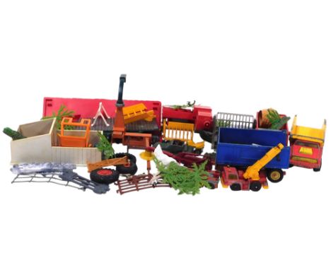 Corgi and other diecast farm vehicles, including tractors, together with fencing, animals, etc., mostly playworn. (a quantity