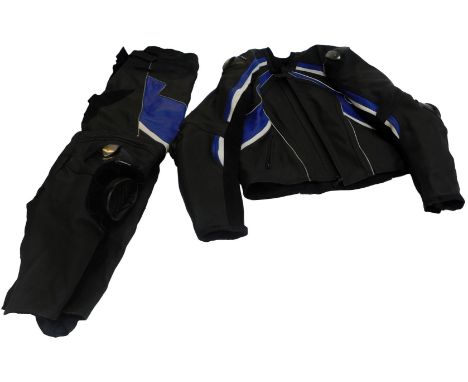 A Frank Thomas Titanium Pro two piece set of motorcycle leathers, in blue.