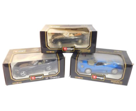 Burago Diamonds, 1:18 scale, comprising Bugatti EB110 (1991), Dodge Viper RT/10 (1993), and a Porsche 356B Cabriolet 1961, bo