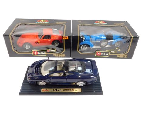 A Maisto 1:18 scale Jaguar XJ220, a Burago Bugatti Type 59 1934, and a Burago Ferrari 250 GTO 1962, boxed. (3)