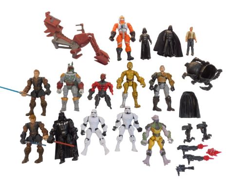 Various Star Wars figures, including Darth Vader, Anakin Skywalker, Clone Troopers, Resistance Pilot, R2D2, etc. (a quantity)