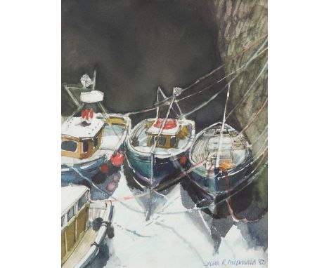* SHEILA R MCDONALD,
BOATS IN HARBOUR
watercolour on paper, signed and dated '80
21cm x 16cm
Mounted, framed and under glass