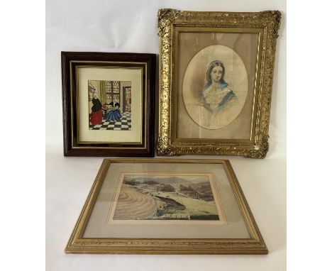 Three artworks to include: A Victorian pencil and watercolour portrait of a lady in gilt gesso frame, unsigned, 28 x 34 cm, f
