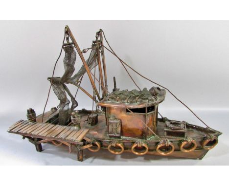 A hand made model copper fishing boat attached to a quay, named Currie &amp; Currie, 45cm long
