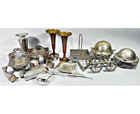 A miscellaneous collection of silver plated items including dishes, bowls, condiments, hip flask, vases, etc