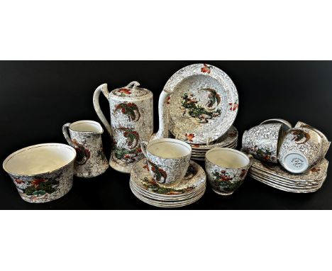 A Phoenix ware coffee service comprising coffee pot, cream jug, sugar bowl, six coffee cups and saucers, six side plates and 