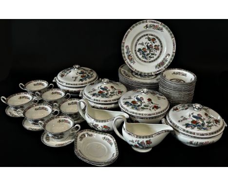 A large collection of Wedgewood Kutani Crane dinner and tea wares to include lidded tureens, meat plates, dining plates, soup
