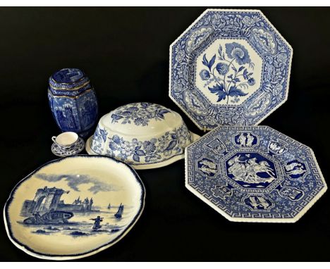 Collection of blue and white ceramics in the 19th century style including plates, a Ringtons tea caddy, mould, etc