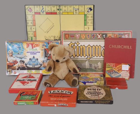 A mixed lot of vintage toys and games comprising a Teddy Bear by Merrythought height 38cm and games including Monopoly, Kingm