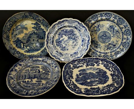 A collection of 19th century blue and white transfer ware plates, a Victorian barge ware teapot, glass floats, etc
