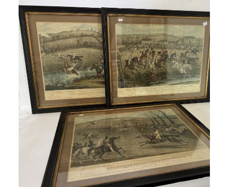 After Charles Hunt (English, 1803-1877) - A set of three 'Cheltenham Annual Grand Steeple Chase' hand-coloured aquatints, pla