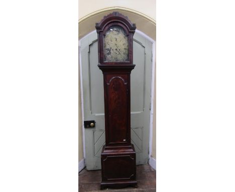 A Georgian mahogany longcase clock, the hood enclosing a broken arched silvered dial, with subsidiary calendar and secondary 
