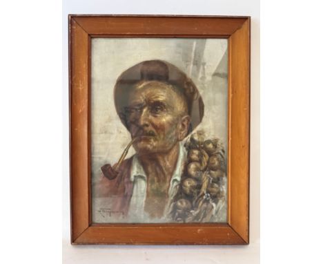 Raffaele Frigerio (1875-1948) - Portrait of a man smoking a pipe with a string of garlic over one shoulder, quarter-length, s