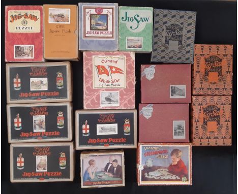 A collection of 16 vintage wooden jigsaw puzzles including 6 GWR puzzles by Chad Valley featuring landmarks and locomotives, 
