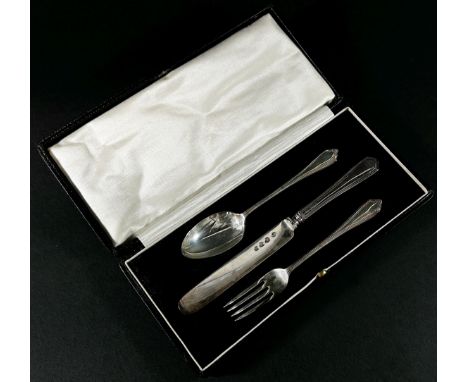 A cased silver christening knife, fork and spoon set, London 1929, maker Josiah Williams 2.6 ozs all in