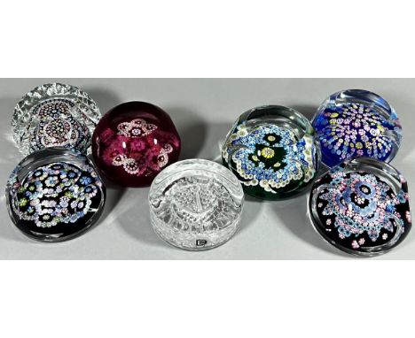 Four Whitefriars full lead glass paperweights, another similar, a boxed Edinburgh paperweight, a clear SS Dartington glass pa