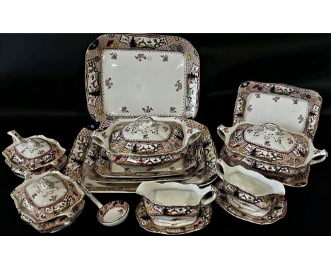 A Victorian Cypress pattern dinner service comprising 12 dinner, 6 medium and 12 small plates, 2 large, 2 small tureens, 4 gr