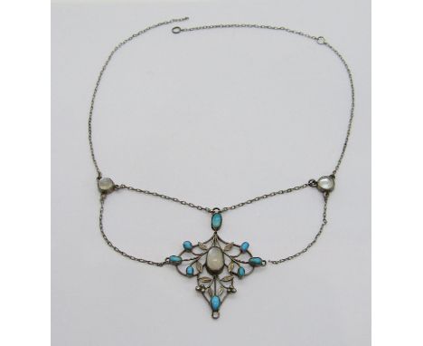 Arts &amp; Crafts white metal festoon necklace set with cabochon moonstone and turquoise, in the style of Sibyl Dunlop (af)