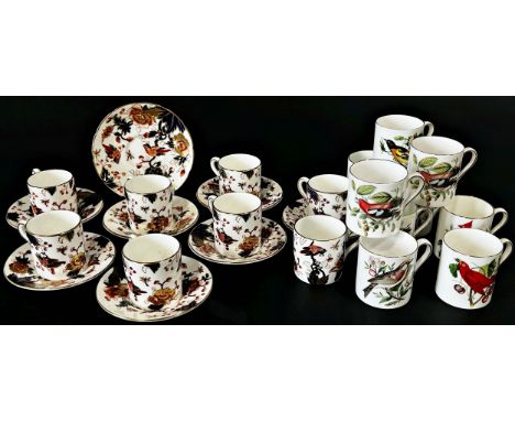 A collection of Coalport Hong Kong pattern coffee cans and saucers, Dovedale pattern soup bowls and saucers, and Royal Crown 