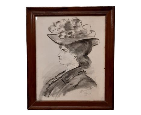 A charcoal portrait of a lady in profile wearing a hat, quarter-length, c.1900s, charcoal on paper, indistinctly signed lower