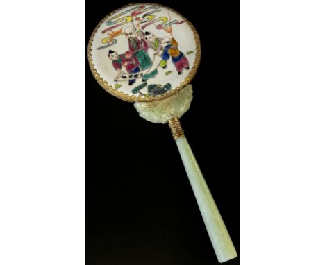 A vintage Chinese mirror with famille rose porcelain back and jadeite handle (24cm long) in its original silk lined box 