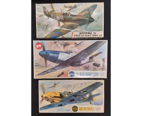 Three 1:24 scale Airfix 'Super Kit' model aircraft kits including P51D Mustang, Spitfire 1a and ME BF 109E. All unchecked and