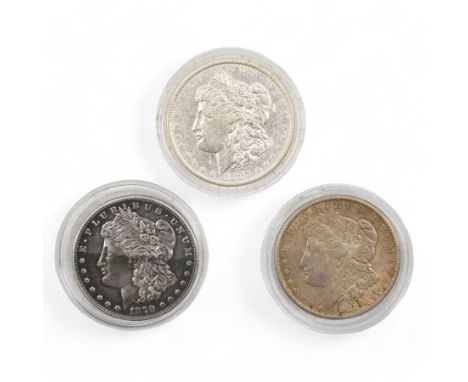 Three United States of America silver Morgan dollar coins, dated 1879S, 1887 and 1921S