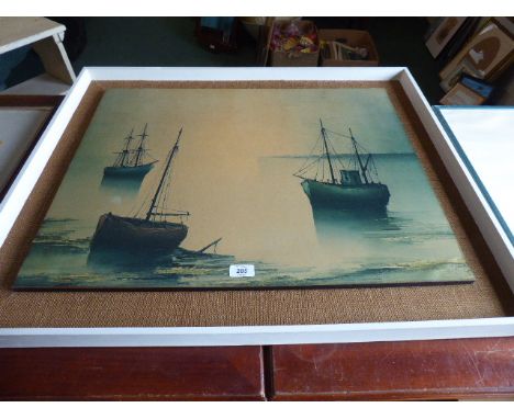 A Framed 1968 Print Depicting Three Fishing Boats at Anchor. 70x56cm