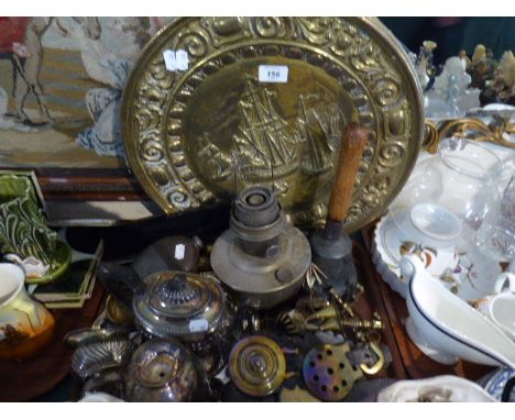 A Tray of Metalwares to Include Silverplate Teapot and Tray, Horse Brasses, Handbell, Brass Plaques Etc. 