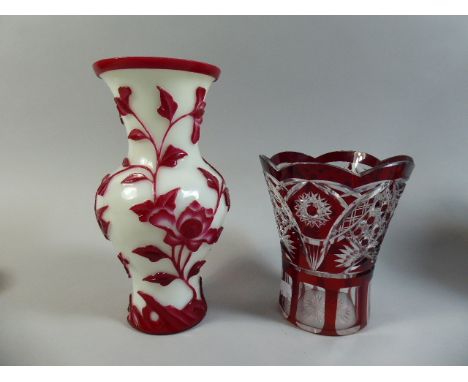 An Overlaid Ruby Glass Vase and Opaque Overlaid Glass Vase, Latter with Chip to Base