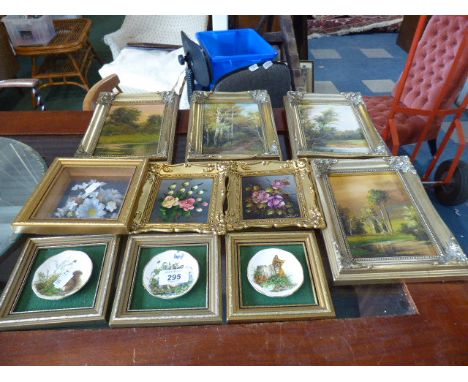 A Collection of Six Gilt Framed Oils on Boards, and Three Gilt Framed Ceramic Dishes Etc