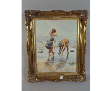 A Gilt Framed Print on Canvas Depicting Children On Beach, 26x34cm