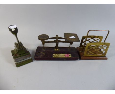 A Collection of Vintage Desk Sundries to Include Letter Press, Postage Scales and Stationery Rack.