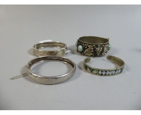 Two Silver Bangles and Ivy Leaf Bangle with Mounted Stones Together with Mother of Pear Mounted Example  