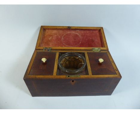 A Georgian String Inlaid Mahogany Two Division Tea Caddy with Later Glass Mixing Bowl and Two Lidded Compartments for Black a