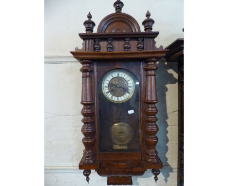 A Late Victorian Walnut Wall Clock with Brass and Ceramic Dial, Working Order 80cm High