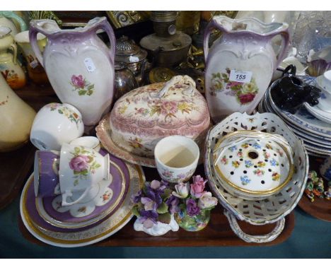 A Tray of Ceramics to include Victorian Cheese Dish, Pair of Mantel Vases, Floral Teawares, Pierced Basket and Mintons Potpou