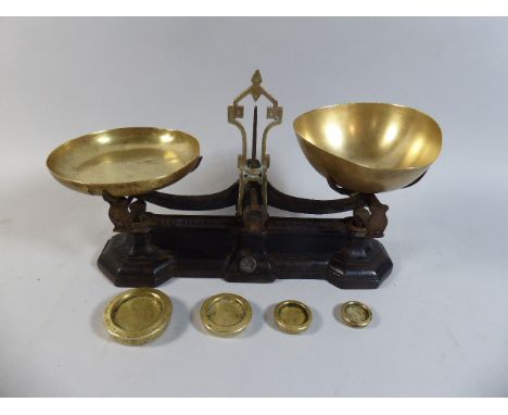 A Set of Brass Mounted Pan Scales by W and T Avery with Four Brass weights Stamped City of Bristol