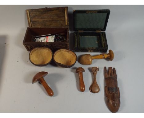 A Box Containing Various Items of Treen to Include Workbox and Contents with Moulded Egyptian Decoration, Darning Tools, Ethn